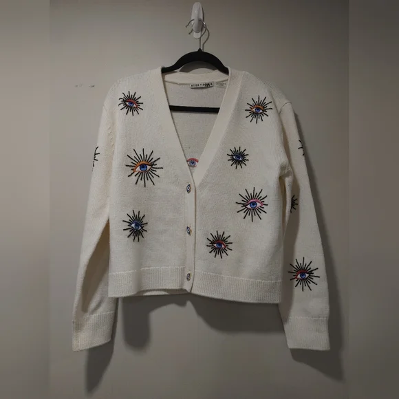 Alice + Olivia White Cardigan with Multicolor Embroidery BRADLEY SHORT EMBELLISH - Picture 7 of 11